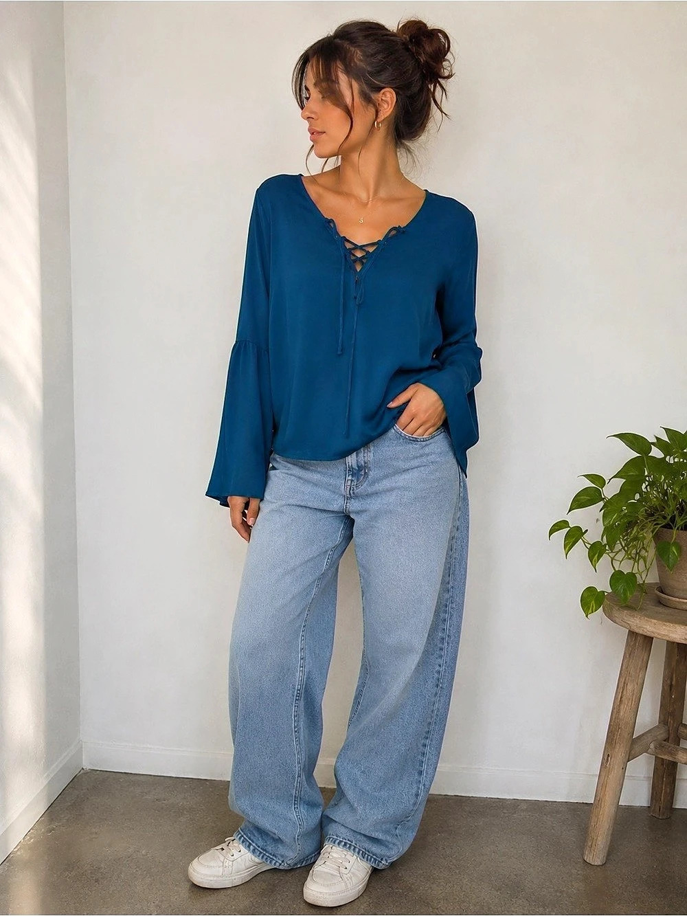 Free People Lace-Up Bell Sleeve Blouse in Blue Size Small